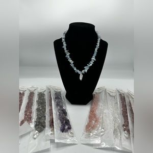 Natural Gemstone Chip Necklace w Large Natural Pearl Pendant 15in w 2in extender
